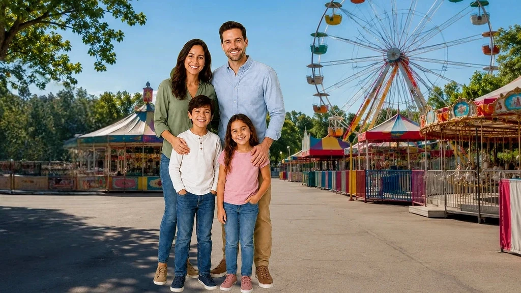 Family placed at a colorful carnival using AI Pixel Pilot