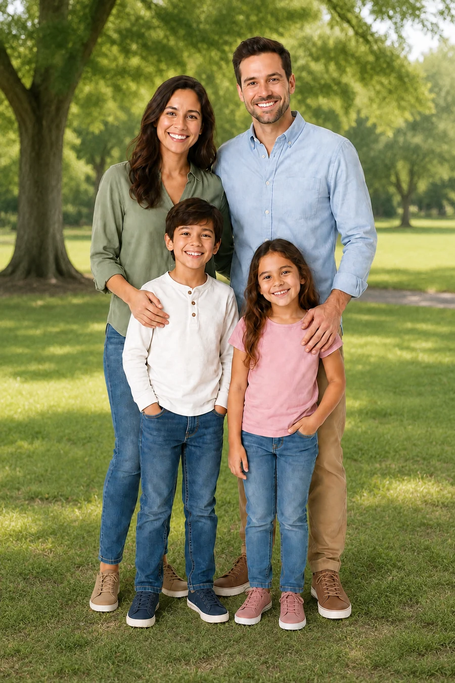 Family portrait with a sunny park background