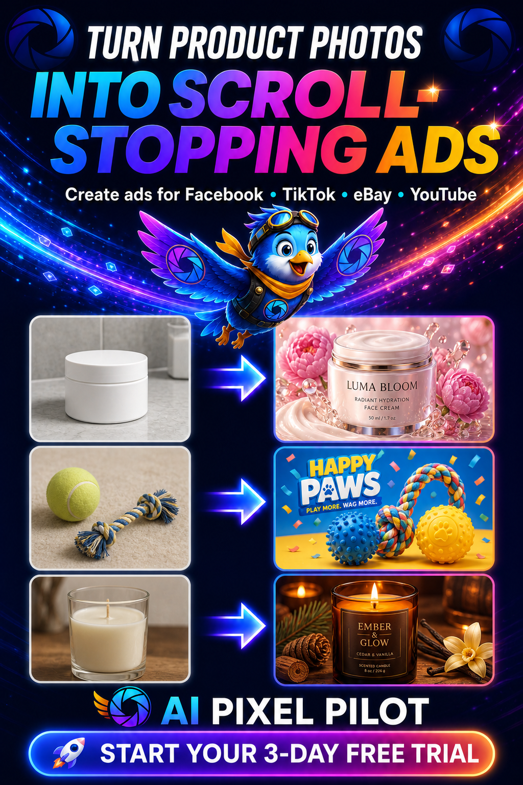 Before and after product advertisements for face cream, pet toys, and candles created with AI Pixel Pilot