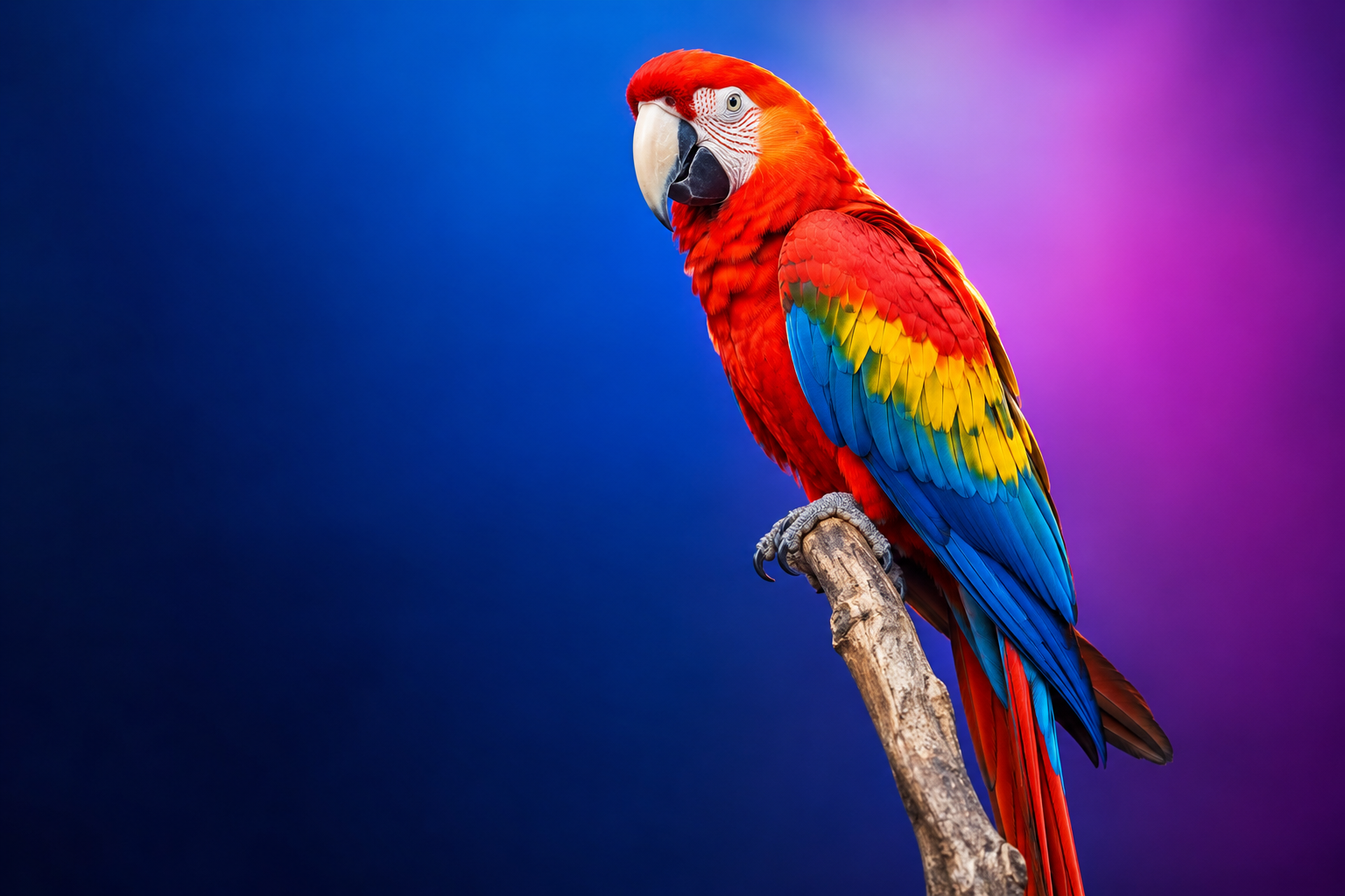 Colorful macaw with its original blue and purple background