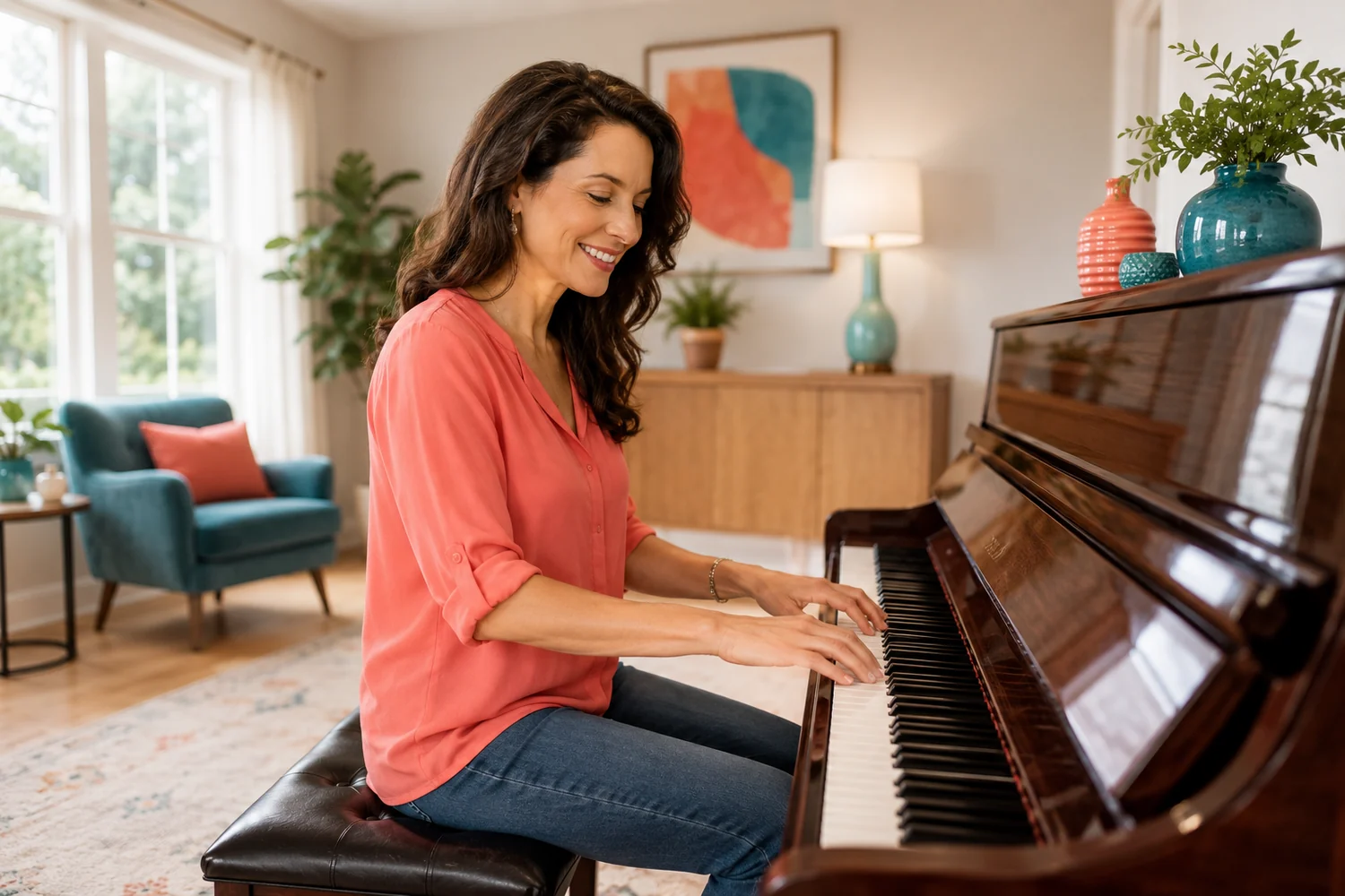 Woman playing piano resized for an Instagram square post